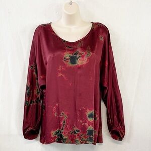 Tina Jo Anthropologie Brand Hand Dyed‎ Tunic Blouse Red Abstract Floral Satin Sm